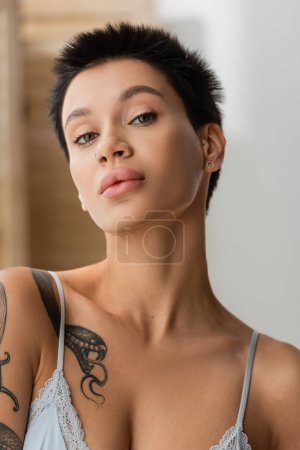 retrato de mujer hipnotizante joven con pelo corto morena, maquillaje natural y cuerpo tatuado sexy mirando a la cámara mientras posando en el sujetador en el dormitorio sobre fondo borroso