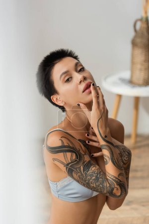 young, seductive and tattooed woman with short brunette hair touching face and looking at camera while posing in bra near bedside table and vase on blurred background