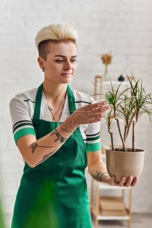 Photo for Eco-conscious mindset, positive and tattooed woman in green apron touching exotic plant in flowerpot while standing in modern living room, sustainable home decor and green living concept - Royalty Free Image