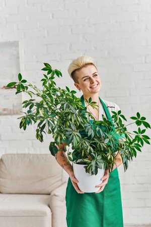 Photo for Eco-conscious lifestyle, carefree and dreamy tattooed woman holding green foliage plant in flowerpot and looking away in modern apartment, sustainable home decor and green living concept - Royalty Free Image