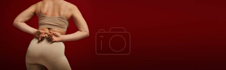 Foto de Body positive, self-esteem, back view of young woman posing on burgundy background, dark red, curvy fashion, comfortable in skin, female underwear, fashion model, body type, cropped, banner - Imagen libre de derechos