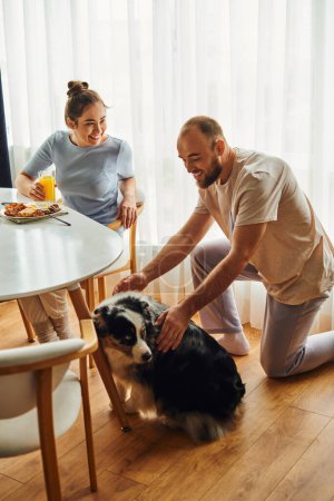 Lächelndes Paar in Hauskleidung streichelt Border Collie Hund beim Frühstück mit Orangensaft zu Hause