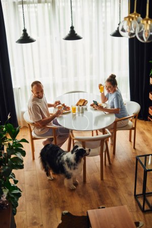 Foto de Vista de ángulo alto de pareja alegre desayunando con jugo de naranja cerca de border collie en casa - Imagen libre de derechos