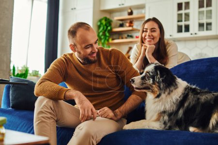 Smiling man in casual clothes sitting near border collie and blurred girlfriend on couch at home