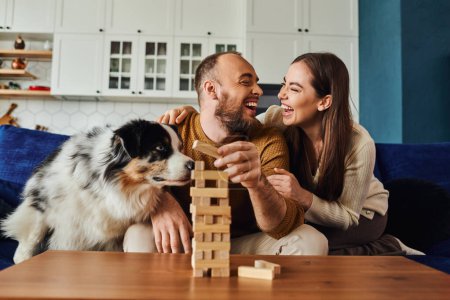 Positive couple hugging and playing wood blocks game near border collie on couch in living room