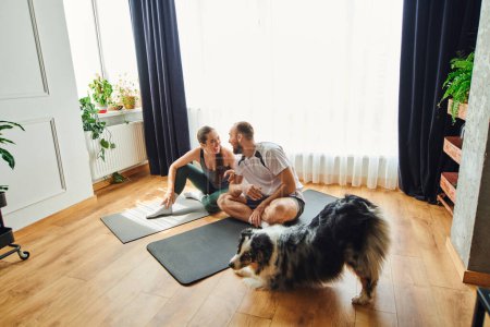 Cheerful couple in sportswear laughing while sitting on fitness mats near border collie at home
