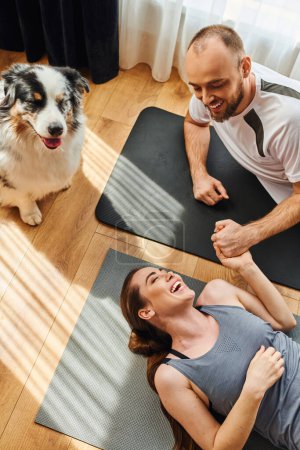 High angle view of smiling couple holding hands and lying on fitness mats near border collie at home