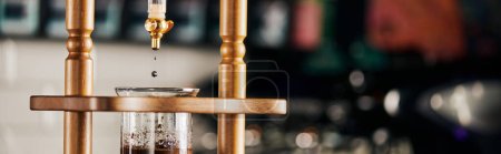 Photo for Cold drip brewing method, water dripping on ground coffee, alternative espresso preparation, banner - Royalty Free Image