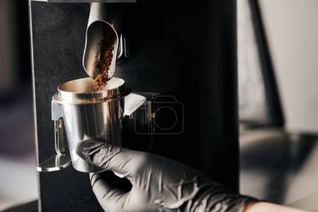 barista in black latex glove holding measuring cup near ground coffee and electric coffee grinder