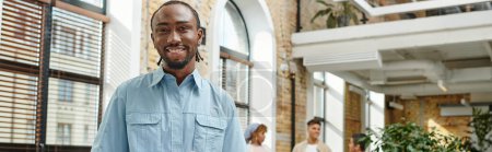 happy african american man looking at camera, office worker, gen z, startup, horizontal, banner