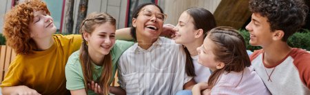 banner, happy african american woman hugging with teenage students, diversity, teacher, smile