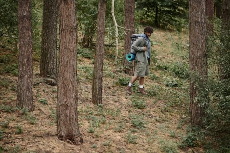 young curly indian hiker with backpack walking between trees in forest