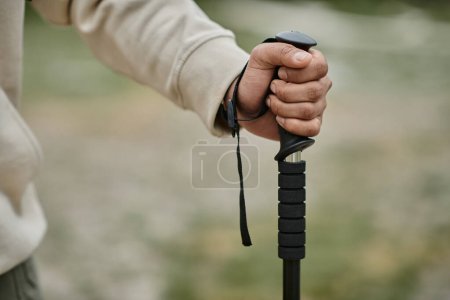 cropped view of backpacker holding trekking poles on path in forest, travel and adventure concept
