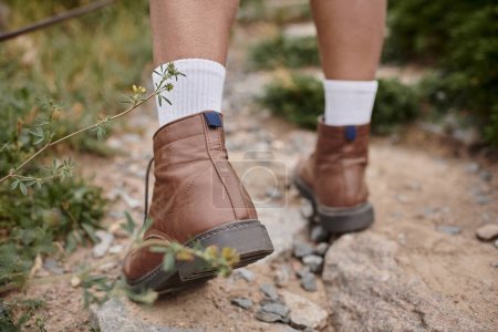 nature sauvage, vue dégagée du randonneur marchant en bottes brunes avec chaussettes blanches, aventurier
