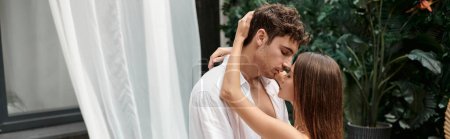 sexy couple, passionate man hugging with pretty woman on vacation in resort, before kiss, banner