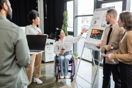 concepto de inclusión, mujer en silla de ruedas mostrando gráficos a gente de negocios interracial en la oficina