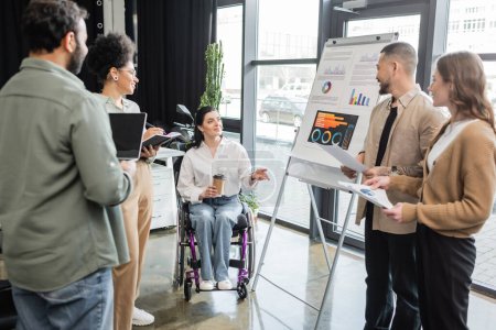 inclusion concept, disabled woman in wheelchair sharing ideas with interracial startup team
