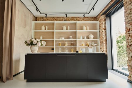 stylish interior of modern luxury kitchen, blooming flowers in vase, glass bottles on countertop