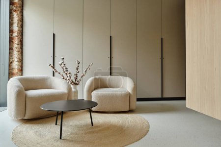 dwa wygodne białe fotele obok stolika kawowego i bawełniane gałęzie w wazonie, nowoczesny salon