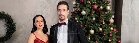 Photo for Rich couple, elegant woman in red dress standing near man in tuxedo and Christmas tree, banner - Royalty Free Image