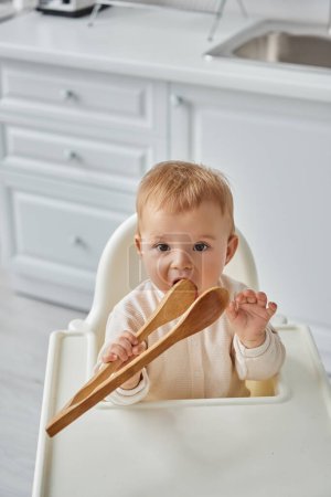 funny toddler girl sitting in baby chair and chewing wooden cooking tongs, morning in kitchen