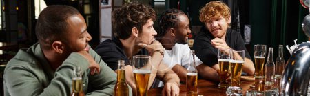 banner of multicultural men spending time together, chatting and drinking beer, male friends in bar
