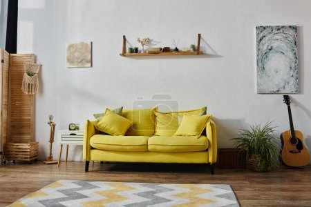 Objektfoto der großen gelben Couch im lebendigen geräumigen Wohnzimmer neben Gitarre und ein paar Möbeln