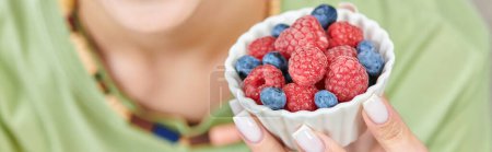 close up view of ripe blueberries and raspberries in hand of blurred vegetarian woman, banner