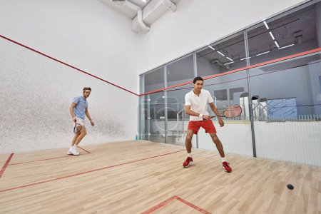 junge multiethnische Spieler in Sportbekleidung beim Squash auf dem Platz, Anstrengung und Motivation