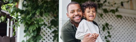 happy african american father in braces hugging cute curly son and sitting on porch on house, banner