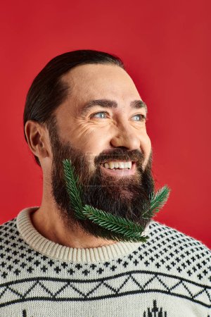 happy man in Christmas sweater posing with branches of fresh spruce in beard on red backdrop