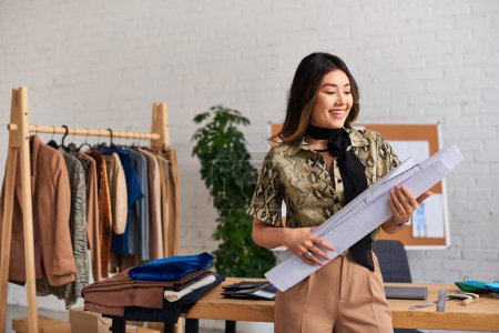 jeune designer asiatique enchanté debout avec des motifs de couture au bureau dans un atelier personnel moderne
