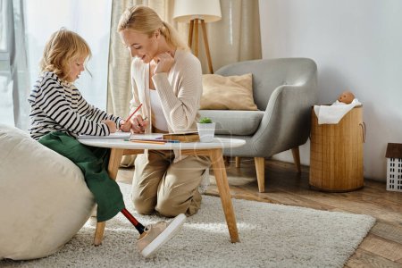 woman and girl with prosthetic leg drawing on paper with colorful pencils together, quality time