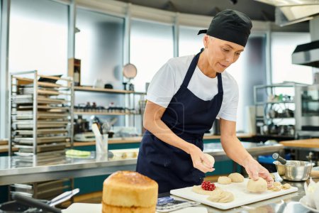 attractive mature woman in blue toque and apron working hard with her dough, confectionery