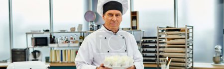 Téléchargez les photos : Beau chef cuisinier mature posant sur sa cuisine et regardant caméra, confiserie, bannière - en image libre de droit