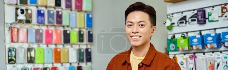 Téléchargez les photos : Sourire entrepreneur asiatique réussie regardant la caméra dans un magasin d'électronique privé, bannière - en image libre de droit