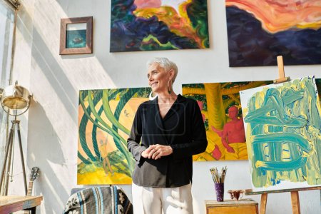 stylish middle aged female artist smiling and looking away near colorful paintings in art studio