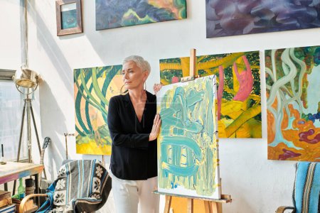 pensativo y moderno artista femenina de pie cerca del caballete y coloridas pinturas creativas en el estudio