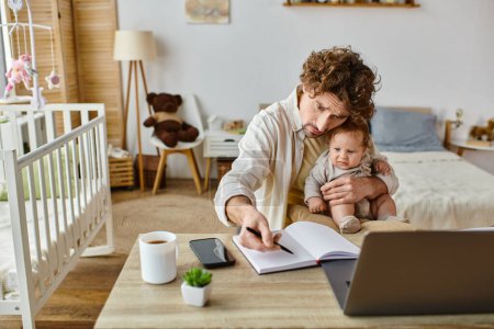 busy single father holding his sad infant son in hands while working from home, work-life balance