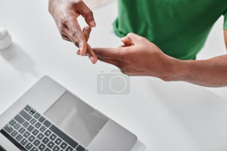 Photo for Cropped african american man using sign language for nonverbal communication, deaf culture - Royalty Free Image