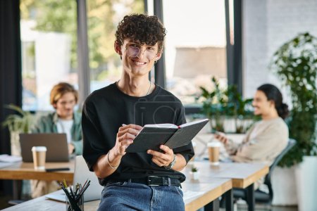 happy  and curly-haired man smiling and taking notes in a dynamic office space, startup ideas