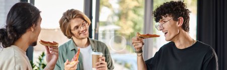 Photo for Happy men enjoying a pizza lunch break in a friendly and relaxed office atmosphere, startup banner - Royalty Free Image