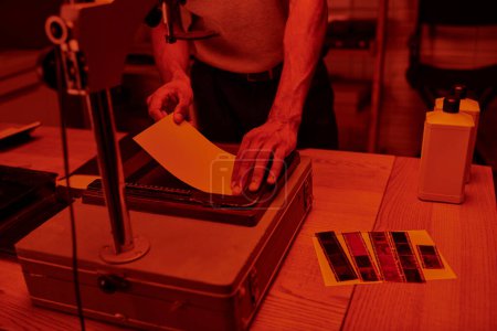 Photo for Young photographer focuses on delicate process of enlarging film in darkroom with red light - Royalty Free Image