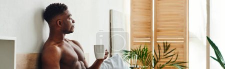 Photo for Pensive shirtless african american man with coffee cup sitting and looking away in bedroom, banner - Royalty Free Image