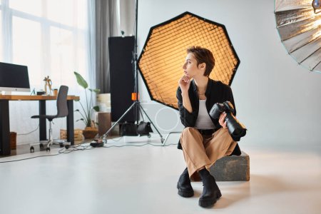 Foto de Hermosa joven fotógrafa en traje casual posando en su estudio y mirando hacia otro lado - Imagen libre de derechos