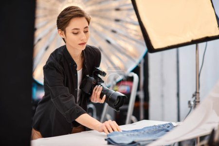 Foto de Fotógrafa femenina enfocada de pelo corto sosteniendo la cámara y preparándose para tomar fotos en su estudio - Imagen libre de derechos