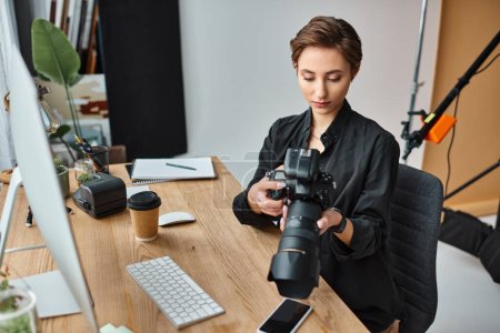 hermosa fotógrafa profesional en ropa casual retoque fotos en el ordenador en su estudio