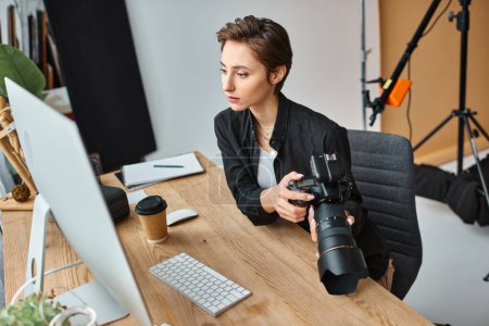 jolie photographe professionnelle en tenue décontractée retouche des photos sur ordinateur à son studio