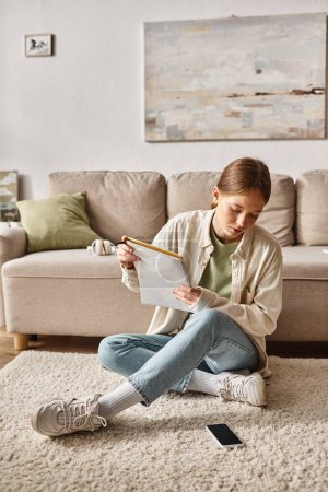 Teenagermädchen hält ihr Notizbuch mit Kopfhörern in der Nähe der Couch und schaut auf das Smartphone