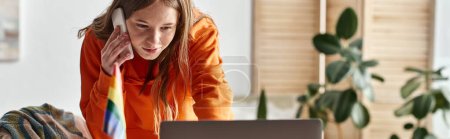 banner of focused teenager girl studying online and making a call next to pride lgbtq flag